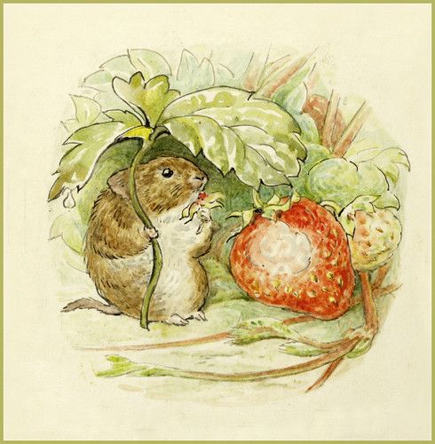 A small illustrated mouse standing beneath leaves beside a strawberry